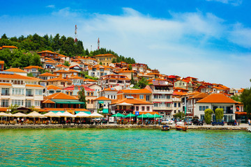 Naklejka premium North macedonia. Ohrid. Different buildings and houses with red roofs on hill