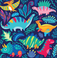 Endless background with cartoon dinosaurs. Childish background