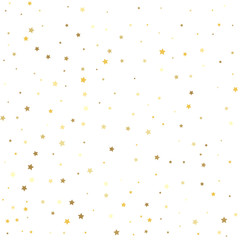 Gold stars on a white background. Abstract pattern of random falling gold stars.