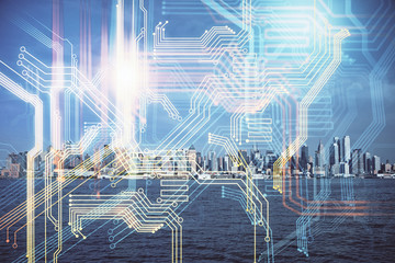 Map and data theme hologram on city view with skyscrapers background double exposure. International technology in business concept.