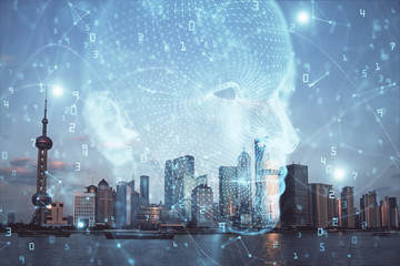 Brain hologram drawing on cityscape background multi exposure. Ai in modern city concept.