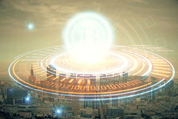 Double exposure of crypto currency theme hologram drawing and city veiw background. Concept of...