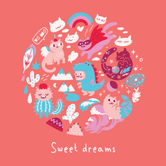 Set with different hand drawn kawaii cats, mermaid, unicorn, dinosaur and super hero in the circle. Vector illustration