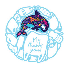 Obraz premium Vector circle print with a whale and more plastic waste