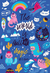 Quote posters with different kawaii characters cats. Vector illustration