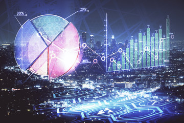 Financial graph on night city scape with tall buildings background multi exposure. Analysis concept.