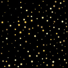 Christmas stars background vector, flying gold sparkles confetti. Texture of gold foil.