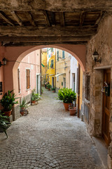 Fototapeta na wymiar Colorful buildings of Castelnuovo Magra, Liguria