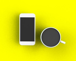 3D illustration of a coffee cup with a smartphone on a yellow background - Illustration 