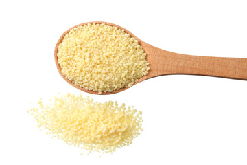 Couscous in wooden spoon isolated on white background. top view