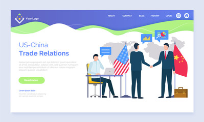 Us and China trade relations vector, partners from different countries working on business together, flags representatives on conference meeting. Website or webpage template, landing page flat style