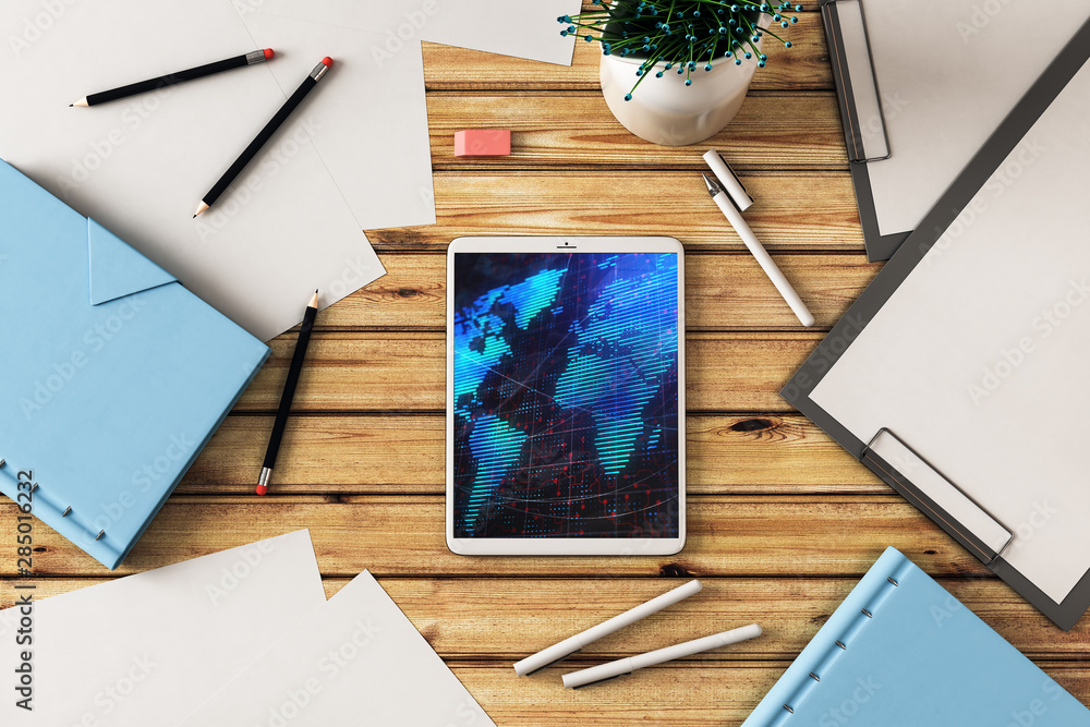 Aufkleber digital tablet closeup top view with world map on screen. online international trading concept. 3d r