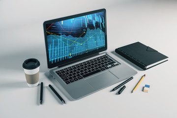 Laptop closeup with forex graph on computer screen. Financial trading and education concept. 3d rendering.