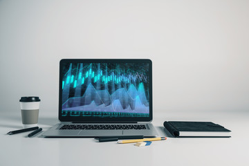 Laptop closeup with forex graph on computer screen. Financial trading and education concept. 3d rendering.