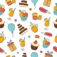 Abstract pattern seamless vector pattern background. Set of drinks, pastries, sweets, gifts for the holidays. Great for fabric, paper, web banners, wallpapers.