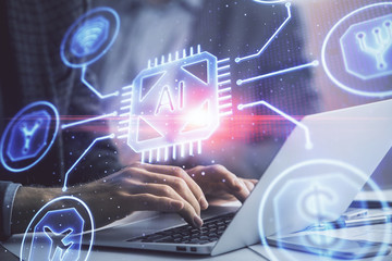 Businessman with computer background with technology theme hologram. Concept of big data. Double exposure.