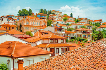 North macedonia. Ohrid. Roofs buildings and houses on hill on sky background