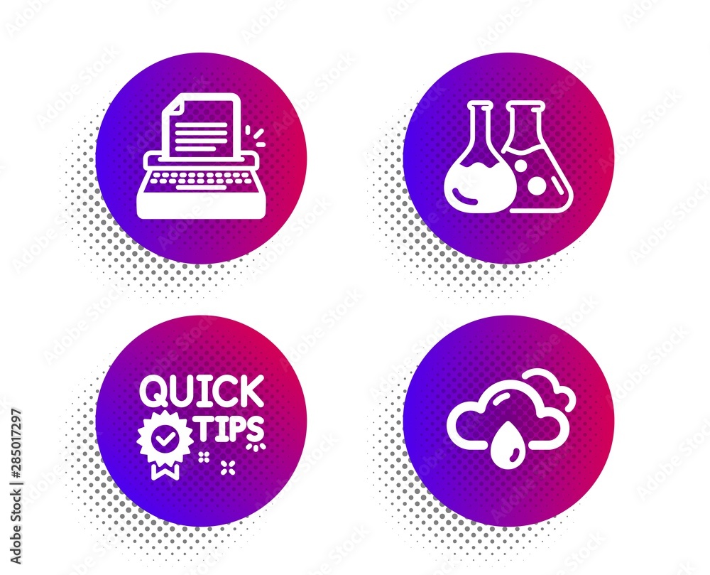 Aufkleber quick tips, chemistry lab and typewriter icons simple set. halftone dots button. rainy weather sign.