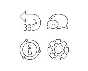 360 degrees line icon. Chat bubble, info sign elements. VR simulation sign. Panoramic view symbol. Linear 360 degrees outline icon. Information bubble. Vector