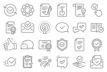 Approve line icons. Set of Checklist, Certificate and Award medal icons. Certified document, Accepted approve and Confirm mail. Guarantee, Check mark and Correct agreement. Checklist document. Vector