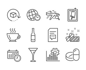 Set of Business icons, such as Time zone, Calendar, Window cleaning, Beer, Present, Martini glass, Seo graph, Search flight, Comments, Return package, Medical drugs, Coffee line icons. Vector