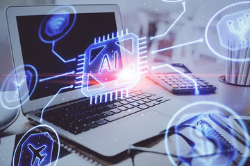 Double exposure of table with computer on background and data theme drawing. Concept of innovation.