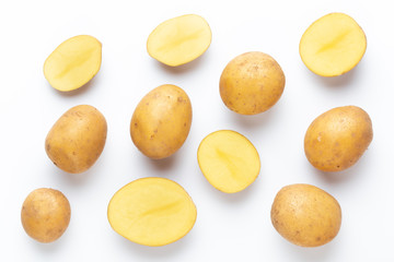 Potatoes isolated on white background. Flat lay. Top view.