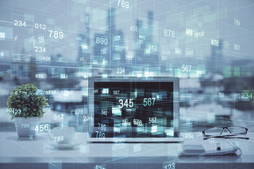 Multi exposure of table with computer on background and data theme drawing. Concept of innovation.