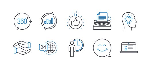 Set of Business icons, such as Like hand, 24h service, Smile face, Waiting, Typewriter, Idea head, Update data, Helping hand, 360 degree, Web lectures line icons. Thumbs up, Call support. Vector