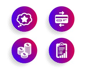 Credit card, Loyalty star and Coins icons simple set. Halftone dots button. Checklist sign. Bank payment, Bonus reward, Cash money. Graph report. Finance set. Classic flat credit card icon. Vector