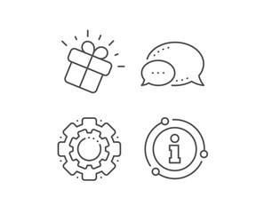Gift line icon. Chat bubble, info sign elements. Present box sign. Brand marketing symbol. Linear gift outline icon. Information bubble. Vector