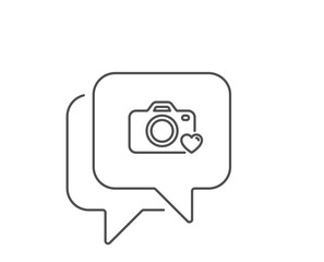 Photo camera line icon. Chat bubble design. Love photography sign. Heart symbol. Outline concept. Thin line photo camera icon. Vector