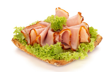 Sandwich with ham sausage on white background.