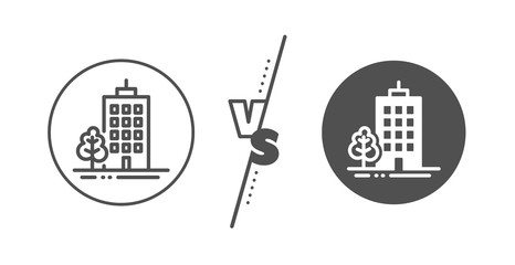 City architecture with tree sign. Versus concept. Skyscraper buildings line icon. Town symbol. Line vs classic skyscraper buildings icon. Vector
