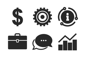 Graph chart and case signs. Chat, info sign. Business icons. Dollar currency and gear cogwheel symbols. Classic style speech bubble icon. Vector