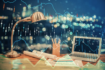 Multi exposure of forex chart and work space with computer. Concept of international online trading.