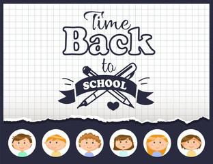Time back to school text, sticker decorated by face of girls and boys in round icons. Cross fountain pen and graphite pencil on checkered background vector. Back to school concept. Flat cartoon