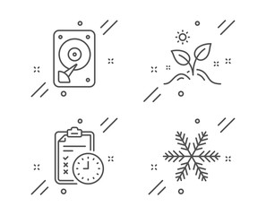 Grow plant, Exam time and Hdd line icons set. Snowflake sign. Leaves, Checklist, Hard disk. Air conditioning. Business set. Line grow plant outline icon. Vector