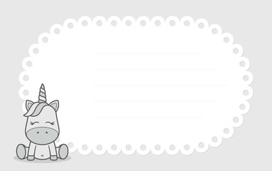 Vector template, baby invitation card with cartoon little unicorn. Grey background.