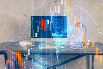 Multi exposure of forex graph and work space with computer. Concept of international online trading.