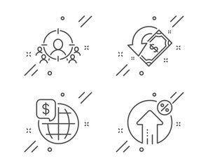 World money, Cashback and Business targeting line icons set. Loan percent sign. Global markets, Receive money, People and target aim. Growth rate. Finance set. Line world money outline icon. Vector