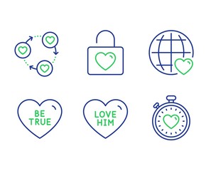 Love him, Friends community and Be true line icons set. Wedding locker, International love and Heartbeat timer signs. Sweetheart, Valentines day, Internet dating. Love set. Vector