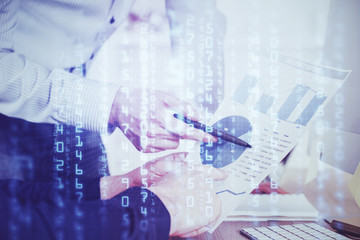 Writing man's hand with technology Ai icons.