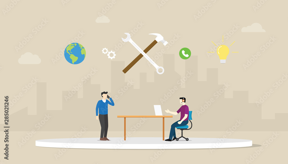Poster call technical support with men two people calling with wrench icon and city background with modern 