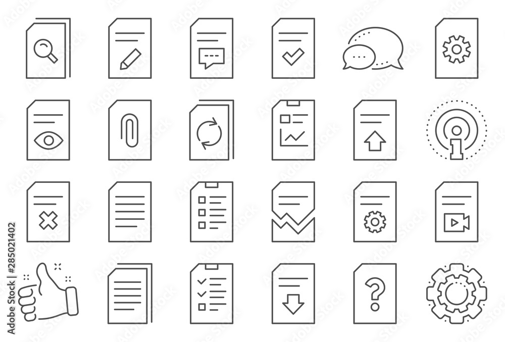 Aufkleber document management line icons. set of report, checklist and copy icons. download file, remove and a