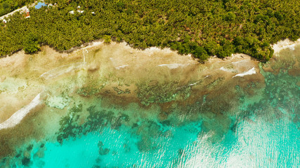 Ocean waves crashing on the shore and coral reef copy space for text. aerial view. Sea water surface in lagoon with coral reef. Summer and travel vacation concept.