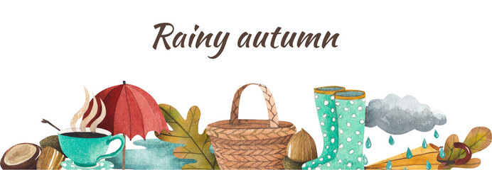 Autumn frame with rainy autumn, isolated frame for greeting card design, for invitation
