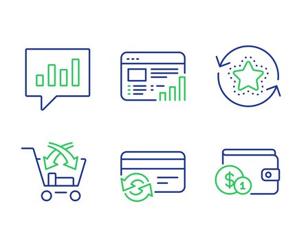 Analytical chat, Loyalty points and Web report line icons set. Change card, Cross sell and Buying accessory signs. Communication speech bubble, Bonus reward, Graph chart. Payment method. Vector