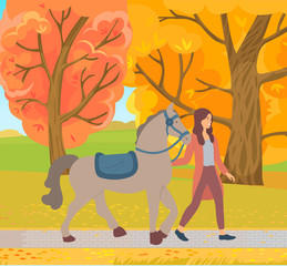 Obraz na płótnie Canvas Woman walking with horse in park, autumn weather. Smiling rider going with stallion near yellow trees, woman and farm animal on ranch, hobby vector. Girl walking with brown horse. Flat cartoon