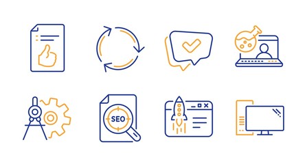 Start business, Recycling and Online chemistry line icons set. Seo file, Approved document and Approved signs. Cogwheel dividers, Computer symbols. Launch idea, Reduce waste. Technology set. Vector